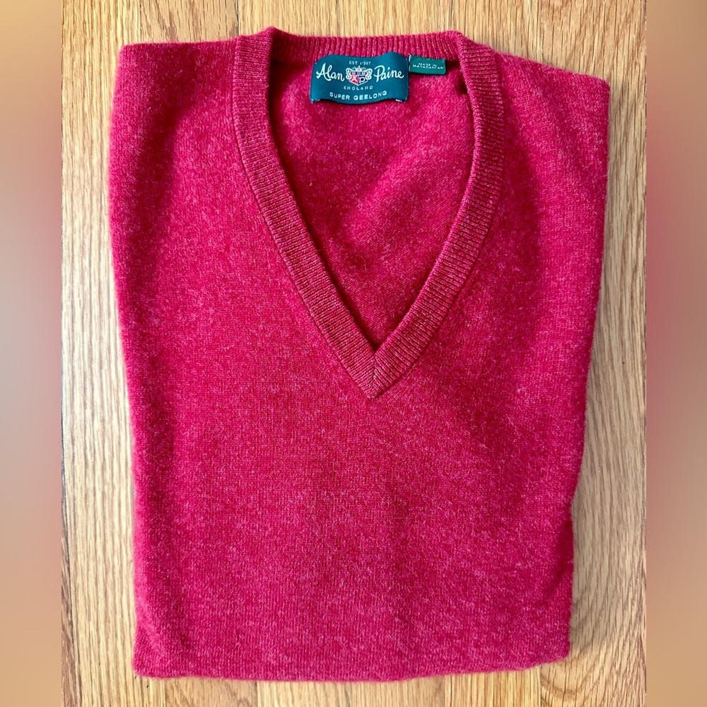 Alan Paine Super GEELONG Wool V Neck Sweater in Poppy Melange